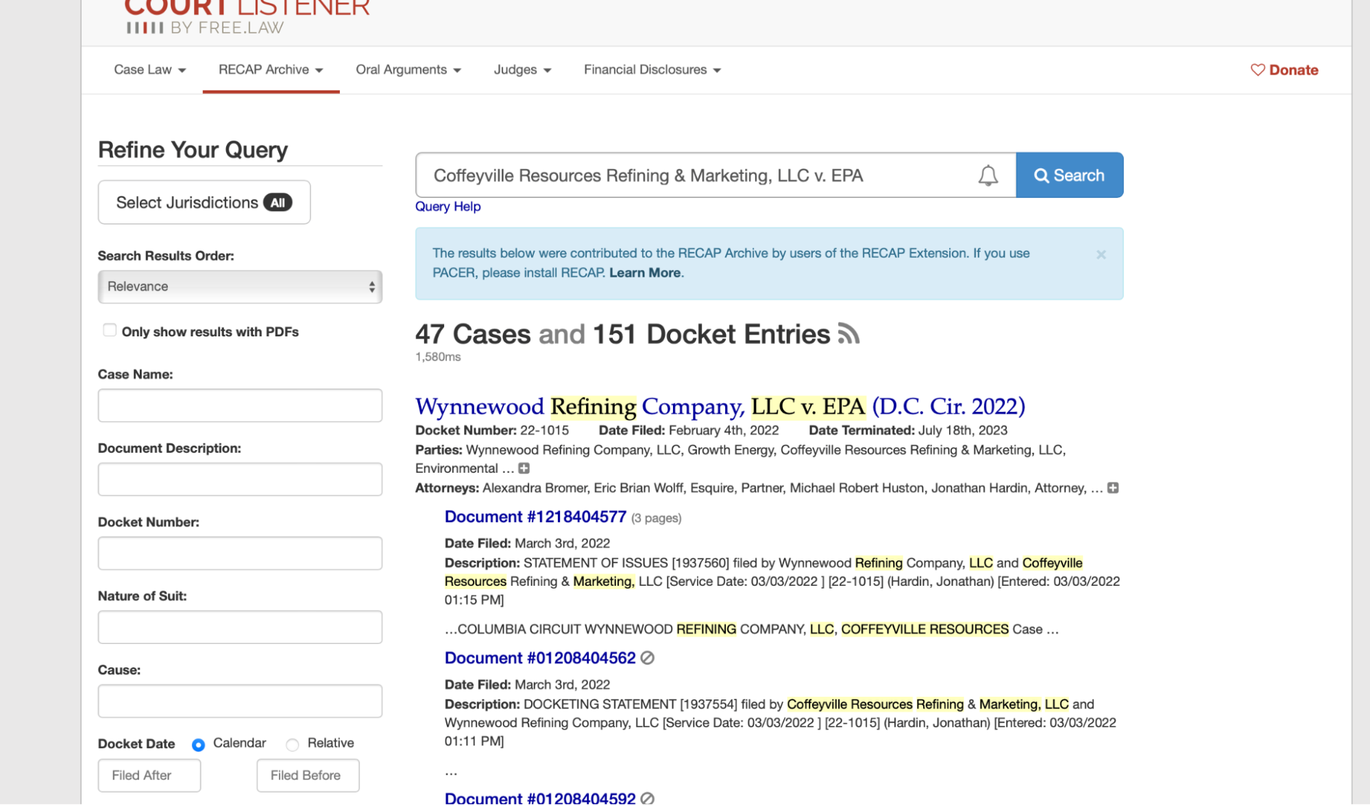RECAP search results
